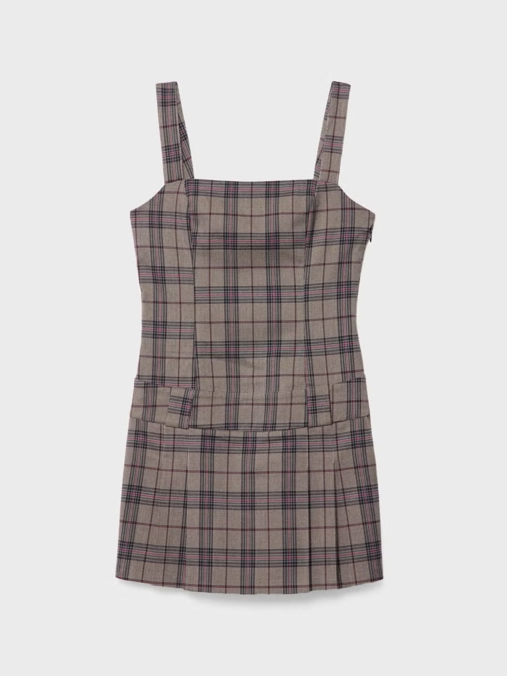 stradivarius Taupe Plaid Square-Neck Mini Dress with Pink Accents